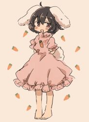 Rule 34 | 1girl, :d, absurdres, ahoge, animal ears, arms behind back, bare legs, barefoot, black hair, blush, carrot background, carrot necklace, dress, flat chest, grey background, hair between eyes, highres, inaba tewi, jewelry, looking at viewer, necklace, open mouth, petite, pigeon-toed, pink dress, puffy short sleeves, puffy sleeves, rabbit ears, rabbit tail, red eyes, short hair, short sleeves, simple background, smile, solo, tail, touhou, tsukiori