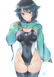 Rule 34 | black gloves, black one-piece swimsuit, black thighhighs, blue hair, breasts, choker, competition swimsuit, cropped jacket, duplicate, fukami nana (awono nanaumi), gloves, green eyes, green jacket, hair flaps, highleg, highleg swimsuit, highres, jacket, large breasts, matsuda (matsukichi), multicolored clothes, multicolored swimsuit, one-piece swimsuit, original, pixel-perfect duplicate, smile, swimsuit, thighhighs