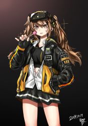Rule 34 | 1girl, black background, black bra, black gloves, black jacket, black ribbon, black skirt, bra, brown eyes, brown hair, candy, cowboy shot, fingerless gloves, food, girls&#039; frontline, gloves, goggles, goggles on head, hair ornament, hair ribbon, hairclip, hand in pocket, highres, holding, holding candy, holding food, holding lollipop, ingukoon, jacket, lollipop, long hair, long sleeves, mod3 (girls&#039; frontline), open clothes, partially unbuttoned, pinky out, ribbon, scar, scar across eye, scar on face, shirt, skirt, solo, sparkle, sports bra, standing, twintails, ump9 (girls&#039; frontline), ump9 (mod3) (girls&#039; frontline), underwear, white shirt, zipper