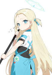 Rule 34 | 1girl, absurdres, angel&#039;s 24 uniform (blue archive), angel wings, aqua apron, aqua ribbon, black skirt, blonde hair, blue archive, blue eyes, blue halo, boller jiang, bright pupils, broom, criss-cross back-straps, flying sweatdrops, from behind, furrowed brow, hair ribbon, halo, high-waist skirt, highres, holding, holding broom, light blush, long hair, looking at viewer, looking back, mini wings, parted bangs, ribbon, shirt, shirt tucked in, simple background, single wing, single wrist cuff, skirt, sora (blue archive), two side up, very long hair, white background, white pupils, white shirt, wings, wrist cuffs