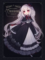 Rule 34 | 1girl, black capelet, black dress, black footwear, black ribbon, bow, bowtie, brooch, capelet, commission, dress, expressionless, frilled capelet, frills, full body, goshi-san, grey hair, hair ribbon, hat, highres, jewelry, long hair, looking afar, mini hat, mini top hat, one side up, open mouth, original, red eyes, ribbon, sleeves past fingers, sleeves past wrists, solo, tilted headwear, top hat, very long hair, wide sleeves