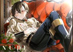 Rule 34 | 1boy, ascot, belt, bishounen, black pants, blush, boots, brown hair, colored inner hair, couch, e mo ka, ear piercing, eyelashes, flower, foreshortening, gem, gloves, hair between eyes, highres, jewelry, knees up, light particles, long sleeves, looking at viewer, male focus, multicolored hair, nu carnival, on couch, own hands together, pants, petals, piercing, red eyes, red flower, red gemstone, red hair, red rose, rose, rose petals, shiny clothes, short hair, slit pupils, solo, sparkle, two-tone hair, white ascot, yakumo (nu carnival)