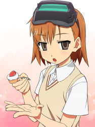 Rule 34 | 1girl, :o, bad id, bad pixiv id, blush, brown eyes, brown hair, cake, food, fork, fruit, hair ornament, head-mounted display, holding, holding fork, misaka imouto, open mouth, school uniform, short hair, solo, strawberry, sweater vest, toaru majutsu no index, tonbi, upper body