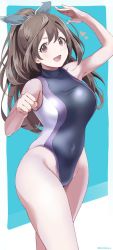 Rule 34 | 1girl, black one-piece swimsuit, blue background, breasts, brown eyes, brown hair, clenched hand, commentary request, competition swimsuit, covered navel, cowboy shot, hair ribbon, highres, idolmaster, idolmaster shiny colors, large breasts, long hair, multicolored background, multicolored clothes, multicolored swimsuit, one-piece swimsuit, open mouth, ponytail, ribbon, salute, smile, solo, standing, swept bangs, swimsuit, tsukioka kogane, turtleneck, youhei (testament)
