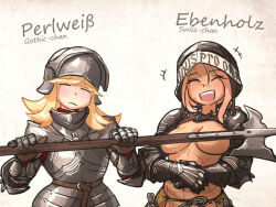 Rule 34 | 2girls, armor, battle scarred, blonde hair, breasts, closed eyes, convenient censoring, ebenholz (ironlily), gauntlets, perlweiss (ironlily), halberd, holding, holding weapon, hood, hoodie, ironlily, knight, long hair, medium breasts, multiple girls, navel, open mouth, original, pink hair, polearm, shoulder armor, toned, visor lift, weapon