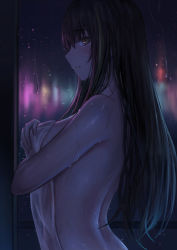 Rule 34 | 1girl, back, bad id, bad pixiv id, blush, breasts, brown eyes, brown hair, closed mouth, covering privates, crossed arms, girls&#039; frontline, highres, holding, holding towel, long hair, looking at viewer, m4a1 (girls&#039; frontline), medium breasts, naked towel, night, nude cover, profile, rain, selcky, solo, towel, water, wet, window