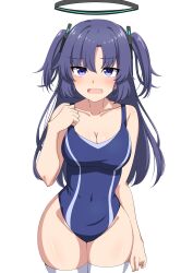 Rule 34 | 1girl, alternate costume, blue archive, blue eyes, blue one-piece swimsuit, breasts, cleavage, collarbone, covered navel, garukichi, halo, highres, long hair, looking at viewer, medium breasts, one-piece swimsuit, open mouth, simple background, solo, swimsuit, thighhighs, thighs, two side up, white background, white thighhighs, yuuka (blue archive)
