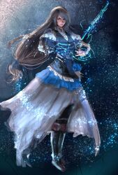 Rule 34 | 1girl, blue eyes, blue gloves, blue vest, dress, final fantasy, final fantasy xvi, gloves, grey hair, highres, holding, jill warrick, leather vest, long hair, looking at viewer, muni luny, puffy sleeves, sketch, skirt, solo, standing, sword, vest, weapon, white dress
