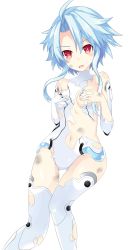 Rule 34 | 1girl, absurdres, bare shoulders, blue hair, blush, breasts, choujigen action neptune u, commentary request, covering breasts, covering privates, elbow gloves, embarrassed, gameplay mechanics, gloves, groin, hands on own breasts, hands on own chest, highres, knee up, leotard, looking at viewer, navel, neptune (series), open mouth, power symbol, power symbol-shaped pupils, ramu-on@ shinon, red eyes, short hair with long locks, simple background, small breasts, solo, symbol-shaped pupils, tears, thighs, torn clothes, torn gloves, torn legwear, torn leotard, white background, white gloves, white heart (neptunia), white legwear, white leotard