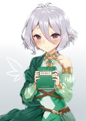 Rule 34 | 1girl, antenna hair, blush, book, breasts, character name, closed mouth, collarbone, commentary request, covered collarbone, crying, crying with eyes open, detached sleeves, diary, dress, gradient background, green dress, green sleeves, grey background, hair between eyes, holding, holding book, kokkoro (princess connect!), long sleeves, looking at viewer, pointy ears, princess connect!, puffy long sleeves, puffy sleeves, purple eyes, see-through, see-through sleeves, shitou (1992116210), silver hair, sleeveless, sleeveless dress, small breasts, smile, solo, split mouth, tears, typo, white background