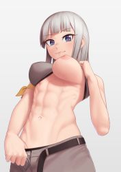 Rule 34 | 1girl, abs, belt, black belt, blue eyes, blunt bangs, breasts, brown pants, closed mouth, commentary request, dumbbell nan kilo moteru?, gina boyd, grey background, highres, lifting own clothes, looking at viewer, md5 mismatch, medium breasts, muscular, muscular female, navel, nipples, pants, putcher, short hair, silver hair, simple background, smile, solo, stomach