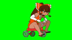 Rule 34 | 1girl, agucala (cookie), alternate skin color, animated, animated gif, bow, brown eyes, brown hair, commentary request, cookie (touhou), dark-skinned female, dark skin, elbow gloves, frilled bow, frills, full body, gloves, green background, hair between eyes, hair bow, hakurei reimu, long hair, looking afar, meow25meow, open mouth, panties, pantyshot, ponytail, red bow, red shirt, red skirt, riding, sandals, shirt, simple background, skirt, sleeveless, sleeveless shirt, solo, tan, touhou, tricycle, underwear, white gloves