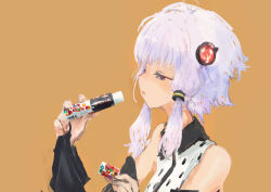 1girl a.i._voice animal_print bare_shoulders candy collared_shirt commentary_request detached_sleeves food from_side hair_ornament half-closed_eyes hand_up highres holding holding_candy holding_food holding_tube kabuyama_kaigi marble_chocolate medium_hair meiji_(brand) open_mouth orange_background pinching_sleeves print_shirt profile purple_hair rabbit_print shirt short_hair_with_long_locks sidelocks simple_background sleeveless sleeveless_shirt smile solo upper_body voiceroid white_shirt yuzuki_yukari yuzuki_yukari_(a.i._voice)