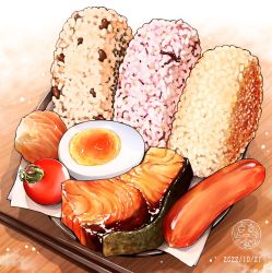 Rule 34 | commentary request, egg, food, food focus, napkin, no humans, onigiri, ooranokohaku, original, salmon, sushi, table, tomato, wooden table