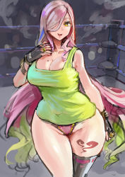 Rule 34 | 1girl, bare shoulders, black gloves, black thighhighs, breasts, cleavage, curvy, fingerless gloves, gloves, green hair, green shirt, hair over one eye, kazo (kazozakazo), large breasts, looking at viewer, multicolored hair, original, pink hair, shirt, single thighhigh, smile, solo, star tattoo, tattoo, thick thighs, thighhighs, thighs, wide hips, wrestling outfit, wrestling ring, yellow eyes