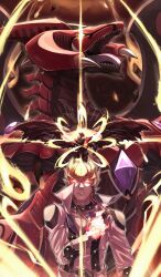 blonde_hair clenched_hand closed_mouth coat dragon fire glowing glowing_eyes highres jack_atlas kisuzu_th319 male_focus open_mouth red_dragon_archfiend red_eyes red_nova_dragon sharp_teeth teeth upper_body white_coat yu-gi-oh! yu-gi-oh!_5d&#039;s