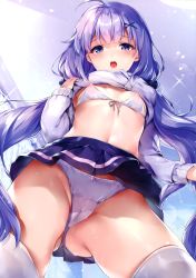 Rule 34 | 1girl, :o, absurdres, ahoge, azur lane, bow, bow panties, bra, breasts, cameltoe, cardigan, chiyingzai, cleft of venus, clothes lift, covered erect nipples, cowboy shot, crotch seam, from below, front-tie bra, gluteal fold, grey cardigan, hair ornament, hair scrunchie, highres, huge filesize, long hair, long sleeves, looking at viewer, low twintails, miniskirt, navel, open mouth, panties, pleated skirt, purple eyes, purple hair, purple skirt, scan, scrunchie, shirt lift, skirt, small breasts, solo, standing, stomach, sweat, thighhighs, thighs, twintails, underwear, unicorn (long-awaited date) (azur lane), unicorn (azur lane), very long hair, white bra, white panties, white thighhighs, x hair ornament