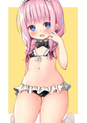 Rule 34 | 1girl, arm behind back, asa no ha (awayuki), bikini, black bikini, black bow, black bowtie, blue eyes, blunt bangs, blush, bow, bowtie, braid, breasts, detached collar, hand on own face, highres, kneeling, long hair, maid, maid bikini, maid headdress, navel, open mouth, orange background, original, pink hair, simple background, small breasts, solo, swimsuit, thigh gap, thighs, twin braids, twintails, unconventional maid