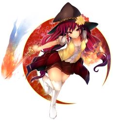 Rule 34 | 1girl, :o, boots, breasts, cleavage, collarbone, crescent, cross-laced clothes, drill hair, elena (yuuen monogatari), fire, fire, flaming sword, flaming weapon, flower, frills, full body, gradient hair, hair bobbles, hair ornament, hat, hat flower, head tilt, highres, holding, holding weapon, leaning forward, leg lift, long hair, low-tied long hair, low twintails, multicolored hair, open clothes, open mouth, open vest, parted bangs, puffy short sleeves, puffy sleeves, red eyes, red hair, red skirt, shirt, short sleeves, sidelocks, skirt, solo, standing, standing on one leg, sword, thigh boots, thighhighs, tousen, twin drills, twintails, very long hair, vest, weapon, white background, white footwear, white thighhighs, witch hat, yuuen monogatari, zettai ryouiki
