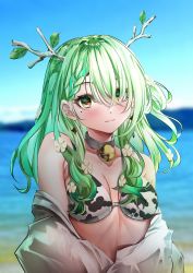 Rule 34 | 1girl, absurdres, animal print, antlers, armpit crease, bad id, bad twitter id, bare shoulders, beach, bikini, blue sky, blush, braid, branch, breasts, ceres fauna, choker, collarbone, commentary, cow print, cow print bikini, english commentary, green hair, highres, hololive, hololive english, horns, kamixtuteru, leaf, looking at viewer, medium breasts, medium hair, ocean, outdoors, print bikini, sky, solo, standing, swimsuit, undressing, upper body, virtual youtuber, wavy hair, yellow eyes