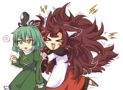 Rule 34 | &gt; &lt;, 2girls, :3, :d, anger vein, animal ears, big hair, blush, blush stickers, brown hair, clenched hand, dress, green dress, green eyes, green hair, hat, heart, heart in mouth, imaizumi kagerou, juliet sleeves, long hair, long skirt, long sleeves, multiple girls, open mouth, puffy sleeves, red skirt, sandals, short hair, simple background, skirt, smile, soga no tojiko, spoken anger vein, standing, standing on one leg, sweatdrop, tail, touhou, very long hair, white background, wolf ears, wolf tail, wool (miwol)