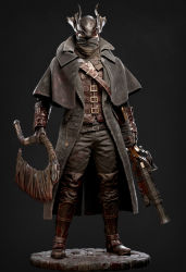 Rule 34 | 3d, absurdres, antique firearm, blood, bloodborne, bloody weapon, blunderbuss, firearm, grey background, gun, highres, hunter (bloodborne), male focus, saw, saw cleaver, standing, tagme, vambraces, weapon