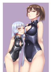Rule 34 | 10s, 2girls, alternate costume, breasts, brown eyes, brown hair, cleavage, front zipper swimsuit, height difference, hiememiko, highres, kaga (kancolle), kantai collection, large breasts, long hair, meme attire, multiple girls, murakumo (kancolle), one-piece swimsuit, side ponytail, small breasts, standing, swimsuit, white hair
