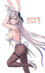 Rule 34 | 1girl, animal ears, ass, blue eyes, breasts, bright pupils, chinese zodiac, facial mark, fake animal ears, foot out of frame, gloves, grey hair, hair ornament, high heels, highres, indie virtual youtuber, kuon bb, large breasts, legs, leotard, long hair, mole, mole under eye, open mouth, pantyhose, playboy bunny, pochimaru (vtuber), rabbit ears, rabbit pose, rabbit tail, rectangular pupils, solo, tail, virtual youtuber, white footwear, white gloves, white leotard, white pupils, year of the rabbit