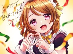 Rule 34 | 1girl, apron, arm scrunchie, artist name, artist request, blush, bow, bowtie, breasts, brown hair, cleavage, female focus, hair between eyes, hair bow, heart, heart hands, koizumi hanayo, love live!, love live! school idol project, maid, maid apron, maid cap, maid headdress, mogyutto &quot;love&quot; de sekkin chuu!, orange bow, parted lips, puffy short sleeves, puffy sleeves, purple eyes, scrunchie, short hair, short sleeves, small breasts, smile, sokonto koro, solo, upper body, white apron, white detached collar, white scrunchie, yellow bow