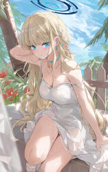 Rule 34 | 1girl, alternate costume, aqua nails, bare shoulders, blonde hair, blue archive, blue eyes, blue sky, blush, breasts, choker, cleavage, collarbone, dema hmw, dress, earrings, halo, highres, jewelry, long hair, looking at viewer, medium breasts, nail polish, revision, sky, solo, thighs, toki (blue archive), white dress