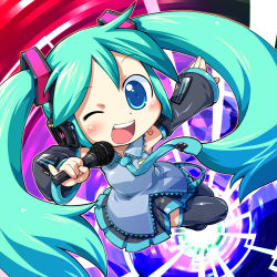 Rule 34 | 1girl, aqua hair, bad id, bad pixiv id, blue eyes, detached sleeves, hatsune miku, headset, highres, long hair, microphone, necktie, one eye closed, open mouth, oshiete!! mahou no lyric (vocaloid), pinky out, sakurabe notos, skirt, smile, solo, thighhighs, twintails, vocaloid, wink