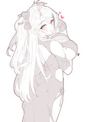 Rule 34 | 1girl, absurdres, azur lane, backless dress, backless outfit, bare shoulders, blush, bow, breasts, clothing cutout, dress, from behind, hair between eyes, hair bow, heart, highres, large breasts, long hair, looking at viewer, looking back, mole, mole on breast, monochrome, moyoron, multicolored hair, official alternate costume, parted bangs, prinz eugen (azur lane), prinz eugen (cordial cornflower) (azur lane), short sleeves, shoulder cutout, simple background, solo, spot color, streaked hair, two side up, very long hair, white background