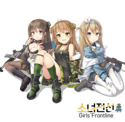 Rule 34 | 3girls, :d, :o, ahoge, assault rifle, asymmetrical legwear, bare shoulders, belt, black dress, black footwear, black gloves, blonde hair, blue coat, blue eyes, blush, boots, bow, breasts, brown eyes, brown hair, buckle, camouflage, camouflage jacket, choker, cleavage, coat, collarbone, collared coat, copyright name, creator connection, cross-laced footwear, daewoo k2, dog tags, double bun, dress, drum magazine, fingerless gloves, fishnet legwear, fishnets, frown, fur-trimmed jacket, fur trim, girl sandwich, girls&#039; frontline, gloves, green eyes, green legwear, grey footwear, gun, hair between eyes, hair bow, hair bun, hair ornament, hairband, hairclip, handheld game console, highres, holding, holding handheld game console, horizontal-striped legwear, j young, jacket, k2 (girls&#039; frontline), knee boots, knees up, lace-up boots, large breasts, long hair, looking at viewer, magazine (weapon), medium breasts, military, military uniform, multiple girls, navel, off shoulder, open mouth, panties, pantyhose, rfb (girls&#039; frontline), rifle, sandwiched, scratching cheek, shirt, short dress, sidelocks, simple background, sitting, skirt, smile, snowflake hair ornament, socks, striped clothes, striped legwear, striped socks, submachine gun, suomi (girls&#039; frontline), suomi kp/-31, thigh strap, thighhighs, thighs, underwear, uneven legwear, uniform, vertical-striped clothes, vertical-striped legwear, vertical-striped socks, wariza, weapon, white background, white legwear