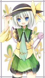 Rule 34 | 1girl, adapted costume, blue eyes, bow, female focus, floral print, framed, hand on headwear, hat, hat bow, juliet sleeves, komeiji koishi, long sleeves, necktie, open mouth, puffy sleeves, shirt, silver hair, skirt, smile, solo, third eye, touhou, wide sleeves, yuuhagi (amaretto-no-natsu)