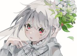 Rule 34 | 1girl, black eyes, black sclera, blush, bow, bowtie, colored sclera, commentary request, flower, hair between eyes, hair flower, hair ornament, hand on own ear, hands up, leaf hair ornament, long sleeves, looking at viewer, looking up, open mouth, original, portrait, shirt, simple background, solo, teeth, toasu, upper teeth only, white background, white bow, white bowtie, white flower, white hair, white shirt