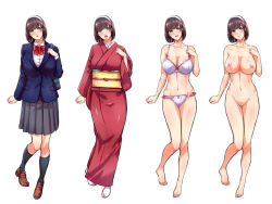 Rule 34 | 1girl, bag, blue eyes, blush, bow, bowtie, bra, breasts, brown hair, cleavage, closed mouth, feet, full body, groin, hairband, heavenstar (studio), highres, japanese clothes, kimono, large breasts, legs, legs together, measurements, natsuki hajime, navel, nipples, nude, open mouth, original, panties, pussy, ryourinin, ore. oyakodon ni hamerareru, school bag, school uniform, shoes, short hair, simple background, skirt, smile, solo, thigh gap, thighs, underwear, white background, white hairband, wide sleeves