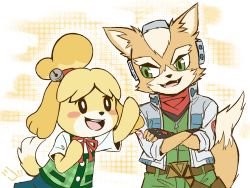 Rule 34 | 1boy, 1girl, :3, animal crossing, animal ears, arm up, artist name, bell, belt, black gloves, blonde hair, blue skirt, blush stickers, buck teeth, crossed arms, dog ears, dog girl, dog tail, eye contact, fangs, fingerless gloves, flat chest, fox ears, fox mccloud, fox tail, furry, gloves, green eyes, green pants, green shirt, green vest, hair bell, hair ornament, hair tie, hand up, happy, headgear, isabelle (animal crossing), jingle bell, looking at another, looking to the side, migo (migo roco), miniskirt, neck ribbon, nintendo, open mouth, orange background, pants, plaid, plaid vest, red ribbon, ribbon, shirt, short hair, short sleeves, signature, simple background, skirt, smile, standing, star fox, tail, teeth, topknot, vest, white shirt