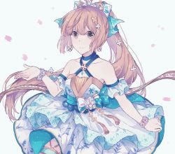 Rule 34 | 1girl, bad id, bad pixiv id, bare shoulders, bow, brown eyes, brown hair, closed mouth, criss-cross halter, detached sleeves, dress, earrings, flower, grey background, hair bow, halterneck, hand up, highres, idolmaster, idolmaster cinderella girls, idolmaster cinderella girls starlight stage, jewelry, long hair, looking at viewer, migolu, petals, ponytail, smile, solo, very long hair, white background, wristband, yorita yoshino
