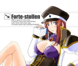 Rule 34 | 00s, 1girl, blue eyes, breasts, character name, cleavage, cleavage cutout, clothing cutout, english text, engrish text, forte stollen, galaxy angel, hat, jpeg artifacts, looking at viewer, military, military uniform, milk, milk carton, monocle, non-web source, peaked cap, ranguage, red hair, short hair, simple background, solo, suggestive fluid, uniform