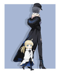 Rule 34 | 1boy, 1girl, aged down, ahoge, alternate costume, animal print, artoria caster (fate), artoria caster (third ascension) (fate), artoria pendragon (fate), baseball cap, black coat, black footwear, black headwear, black pants, black pantyhose, black shirt, black skirt, blonde hair, blue background, blue eyes, blue ribbon, boots, capelet, coat, coat tug, contemporary, facing away, fate/grand order, fate (series), full body, fur-trimmed capelet, fur-trimmed coat, fur trim, gradient clothes, gradient shirt, grey hair, hair ribbon, hand in pocket, hat, high heel boots, high heels, long hair, looking at viewer, m t 1, medium hair, oberon (fate), oberon (third ascension) (fate), off shoulder, outside border, overskirt, pants, pantyhose, parted lips, ponytail, ribbon, shirt, skirt, spoilers, torn clothes, torn pants, white capelet, white shirt, white skirt