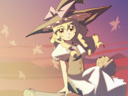 Rule 34 | 1girl, alternate hairstyle, anime coloring, blonde hair, braid, broom, broom riding, female focus, hat, hat ribbon, kirisame marisa, leaf, long hair, maple leaf, ribbon, shokkin, sidesaddle, solo, sunlight, sunset, touhou, twilight, twin braids, witch, witch hat, yellow eyes