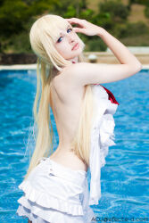 Rule 34 | 1girl, bare back, bare shoulders, blonde hair, blue eyes, cosplay, covering breasts, covering privates, emilie de rochefort, emilie de rochefort (cosplay), ivychann, long hair, looking at viewer, photo (medium), pool, real life, skirt, sleeveless, solo, spanish (nationality), tekken, undressing, water