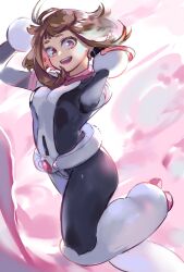 Rule 34 | 1girl, akiyama youkou, belt, boku no hero academia, boots, breasts, brown eyes, brown hair, hand in own hair, highres, jumping, large breasts, looking at viewer, open mouth, pink background, short hair, simple background, skin tight, smile, solo, tight clothes, uraraka ochako