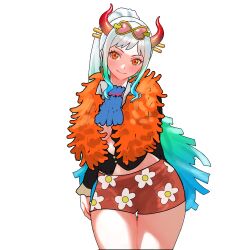 Rule 34 | 1girl, aqua hair, breasts, brook (one piece) (cosplay), closed mouth, contrapposto, cosplay, dot nose, feather boa, female focus, floral print, glasses on head, heart-shaped sunglasses, horns, large breasts, legs together, long hair, long sleeves, multicolored hair, one piece, orange feathers, short shorts, shorts, simple background, smile, solo, standing, thigh gap, tsurime, two-tone hair, white background, white hair, yamato (one piece), yellow eyes