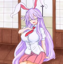 Rule 34 | 1girl, animal ears, blouse, breasts, closed eyes, hand on own chest, highres, large breasts, light purple hair, long hair, necktie, open mouth, pleated skirt, rabbit ears, red necktie, reisen udongein inaba, shirt, skirt, solo, sprout (33510539), touhou, very long hair