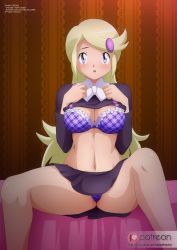 Rule 34 | 1girl, ace trainer (pokemon), astrid (pokemon), bed, bedroom, black shirt, black skirt, blonde hair, blush, bow, bowtie, bra, breasts, cleavage, clothes lift, creatures (company), game freak, hair ornament, hairclip, highres, large breasts, long hair, long sleeves, looking up, navel, nintendo, open mouth, panties, pantyshot, plaid, plaid bra, plaid panties, pokemon, pokemon (anime), pokemon xy, pokemon xy (anime), purple bra, purple eyes, purple panties, shirt, shirt lift, sitting, skirt, underwear, wall, white bow, white bowtie, zel-sama