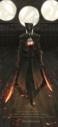 Rule 34 | 1girl, ascot, blood, bloodborne, boots, coat, copyright name, dual wielding, english text, flaming sword, flaming weapon, gloves, hat, hat feather, highres, holding, holding sword, holding weapon, indoors, lady maria of the astral clocktower, rakuyo (bloodborne), silver hair, solo, sword, the old hunters, tricorne, tripdancer, weapon