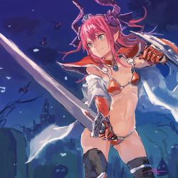 Rule 34 | 10s, 1girl, armor, asymmetrical horns, bikini, bikini armor, black thighhighs, blue eyes, blue ribbon, broadsword, cape, castle, choker, cowboy shot, curled horns, elizabeth bathory (brave) (fate), elizabeth bathory (fate), fang, fang out, fate/extra, fate/extra ccc, fate/grand order, fate (series), flat chest, gauntlets, ghost, hair ribbon, highres, holding, holding shield, holding sword, holding weapon, horns, kouzuki kei, long hair, loose bikini, navel, night, night sky, oversized clothes, pauldrons, pink hair, pointy ears, purple hair, red armor, red bikini, ribbon, shield, shoulder armor, sky, smile, solo, string bikini, swimsuit, sword, thighhighs, tiara, tombstone, two side up, uneven horns, vambraces, weapon, white cape