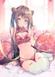 Rule 34 | 1girl, absurdres, arm support, blue eyes, blush, breasts, brown hair, cleavage cutout, clothing cutout, double bun, fingernails, floral print, full body, hair bun, highres, indoors, looking at viewer, medium breasts, miwabe sakura, navel, off shoulder, original, pelvic curtain, pillow, scan, sitting, skindentation, solo, stomach, thighhighs, thighs, underwear, underwear only, white thighhighs, wings