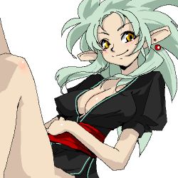 Rule 34 | 1girl, breasts, cleavage, earrings, jewelry, large breasts, lowres, oekaki, ryouko (tenchi muyou!), silver hair, solo, spiked hair, tenchi muyou!, yellow eyes